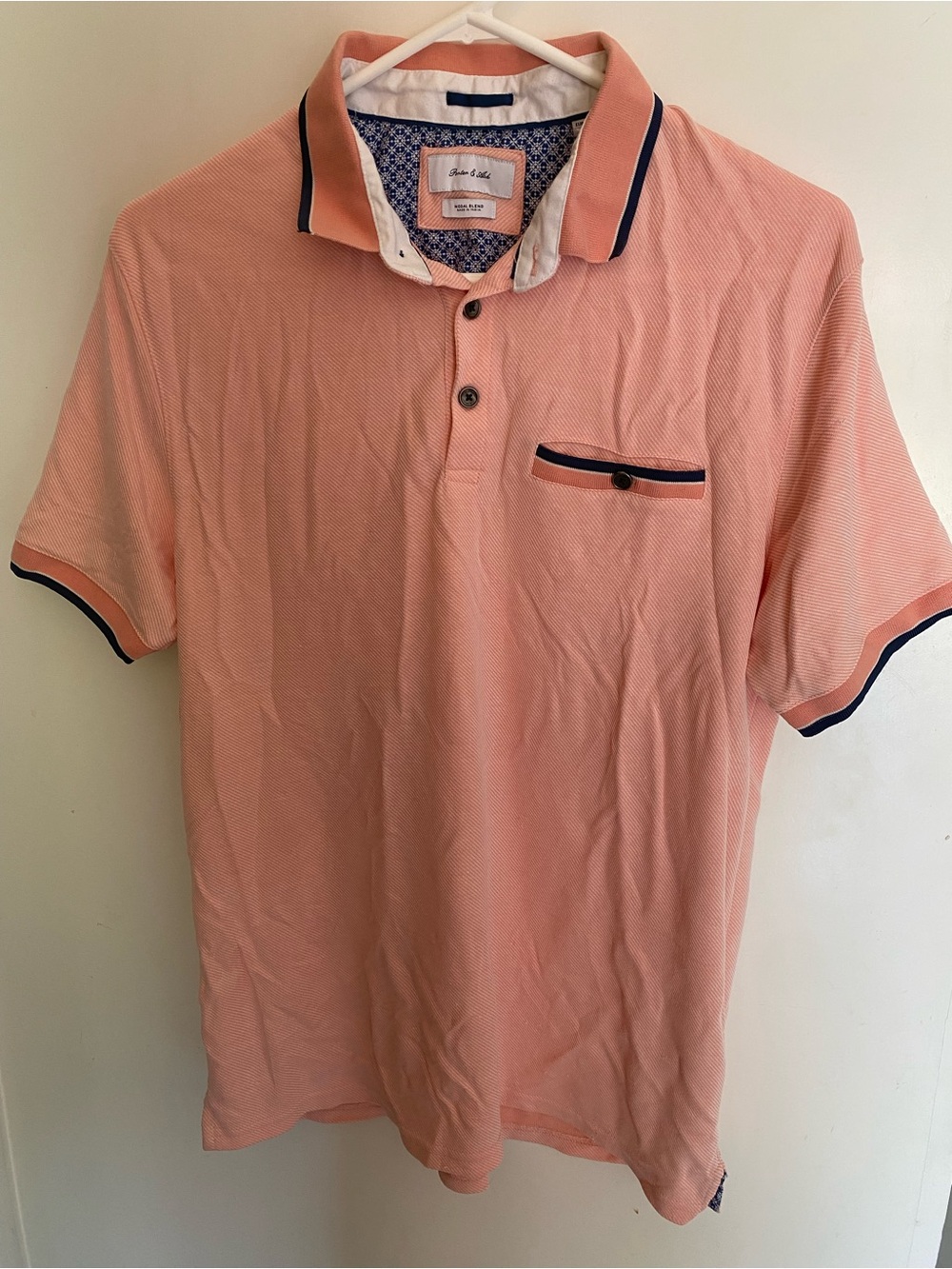Porter & Ash Men's Peachy Orange/Blue Short Sleeve Polo. Button Pocket on Chest,